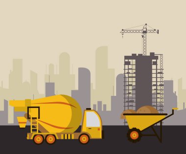 Beton karıştırıcı kamyonlu inşaat sahnesinin altında.