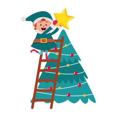 Noel elfi Noel ağacına bir yıldız koyuyor