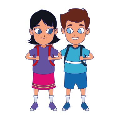 Okul çantalı sevimli çocuklar, renkli tasarım.