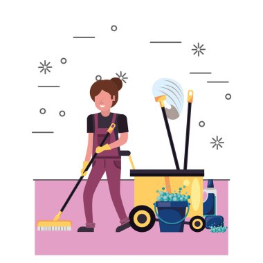 Temizlik ekipmanlı temizlikçi kadın.