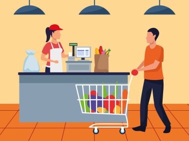 Nakit kasasında süpermarket arabası olan Avatar Adam, renkli tasarım.