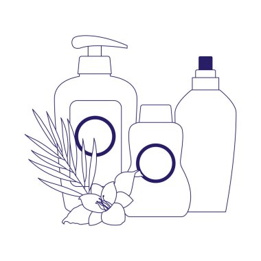 Güneş kremi şişeli tropik yaprak ve çiçek, düz tasarım.