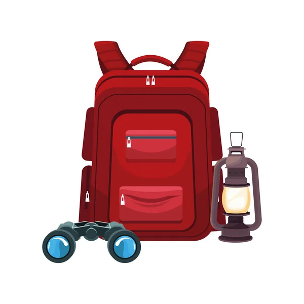 Backpack with binoulars and lantern icon, flat design — Stock Vector