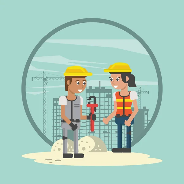 Ett par byggare som arbetar under byggnation — Stock vektor