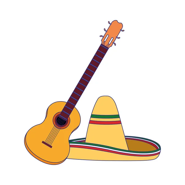 Chapeau mexicain isolé et design vectoriel de guitare — Image vectorielle