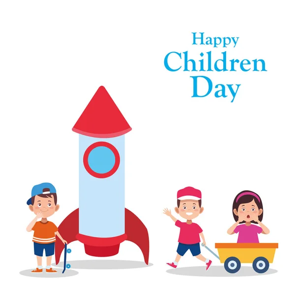 Happy Children Day Design mit Zeichentrickkindern und Weltraumrakete — Stockvektor