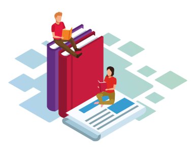 Kadın ve erkeğin kitap ve gazete okumalarının izometrik tasarımı