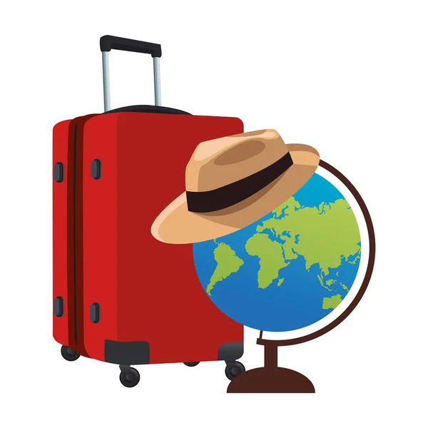 Globe with hat and travel luggage icon — ストックベクタ