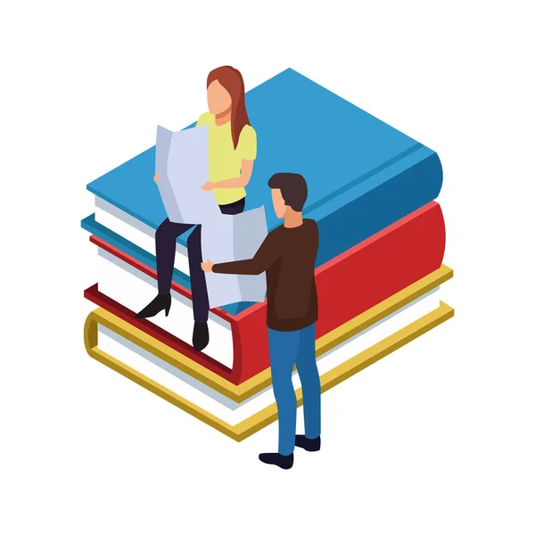 Libros y personas leyendo alrededor, diseño colorido — Vector de stock