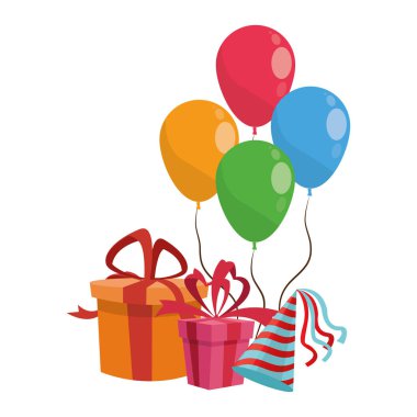 İçinde balonlar ve hediye kutuları olan bir şapka.