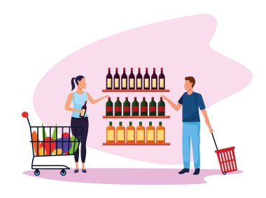 Süpermarket arabası olan Avatar kadın ve süpermarket standında sepeti olan adam.