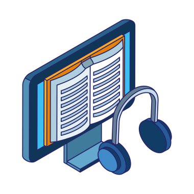 Ekranda kitap olan kulaklık ve bilgisayar