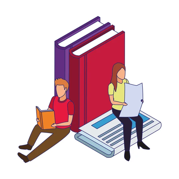 Hombre y mujer leyendo alrededor de grandes libros y periódicos — Vector de stock