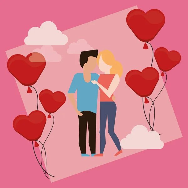 Kekasih cute pasangan karakter dengan balon helium mengambang - Stok Vektor