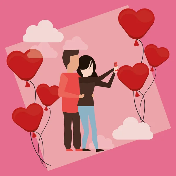 Amoureux mignons couples personnages avec ballons hélium flottant — Image vectorielle