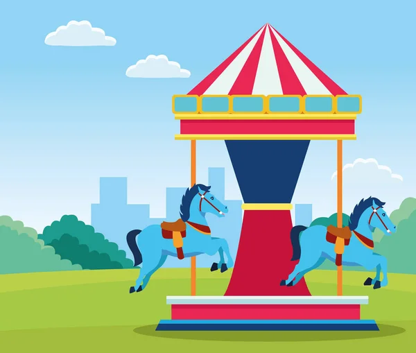 Horses fair carousel in the field background, colorful design. — 스톡 벡터