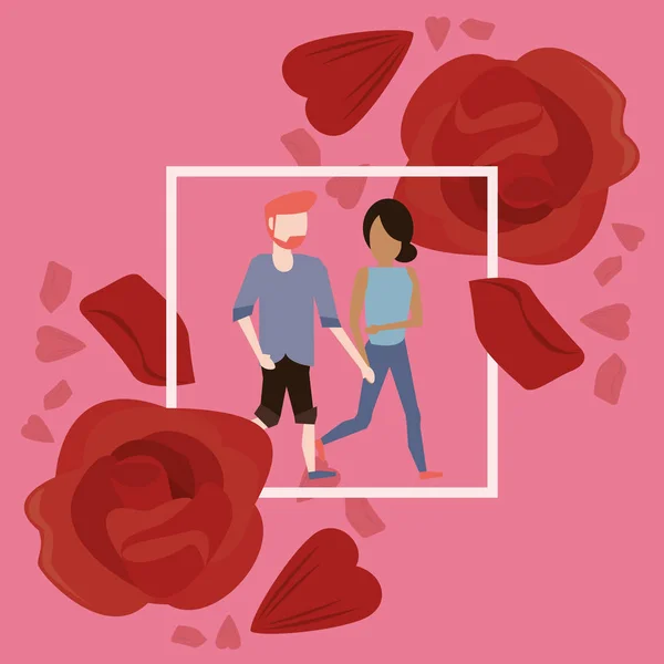 Lindo interracial amantes pareja con rosas — Vector de stock