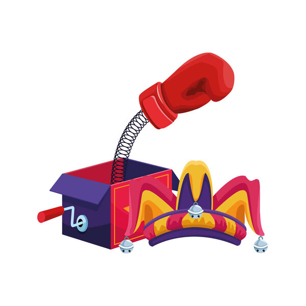 joke box with boxing glove and jester hat icon
