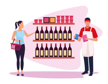 Avatar kadın ve süpermarket çalışanı şişe rafları koridorunda