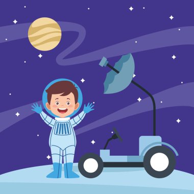 Çizgi film astronotu ve uzay arabası.