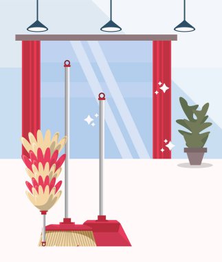 Oda, temizlik malzemeleriyle dolu.