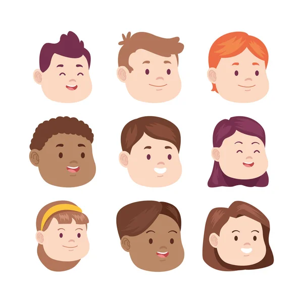 Cartoon kids faces icon set, colorful design — ストックベクタ