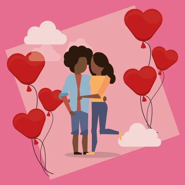 Afro amantes pareja con corazones globos helio — Vector de stock