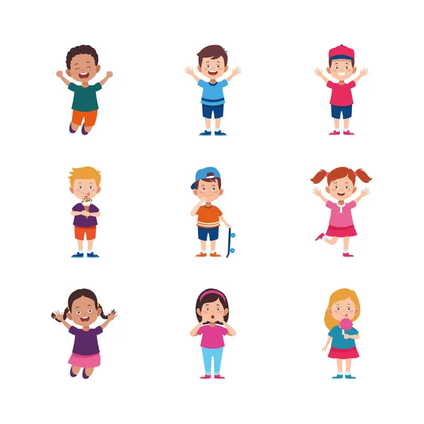 Tekenfilm gelukkige kinderen pictogram set, kleurrijk ontwerp — Stockvector