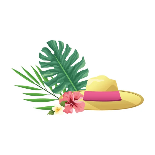 Tropical leaves with flowers and beach hat, colorful design — Stock Vector