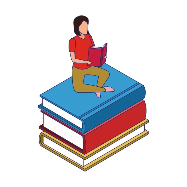 Žena čte knihu, která sedí na hromadě knih — Stockový vektor