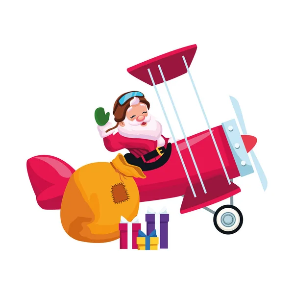 Santa Claus con la bolsa de regalos en un avión, diseño plano — Vector de stock
