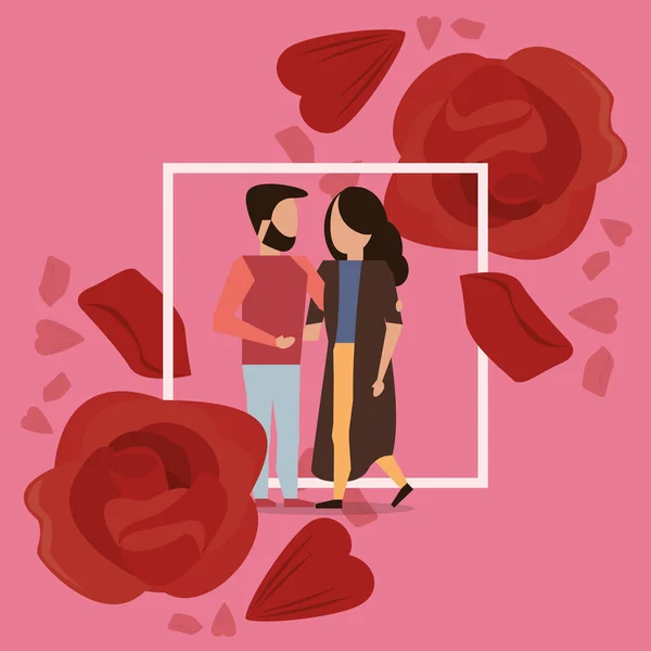 Χαριτωμένο εραστές ζευγάρι χαρακτήρες με τριαντάφυλλα — Διανυσματικό Αρχείο