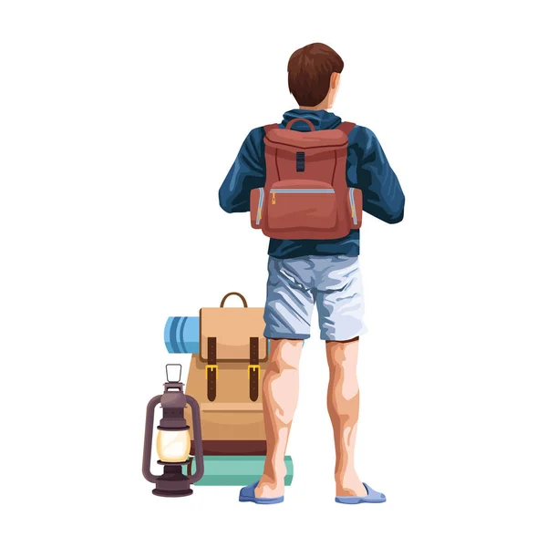 Hombre de vuelta con mochilas de camping y linterna icono — Archivo Imágenes Vectoriales