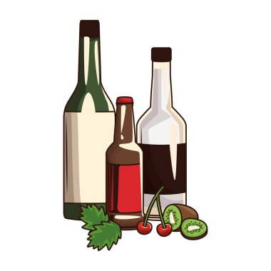 likör şişeleri ve meyveler, düz tasarım