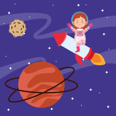 Uzayda gezegenlerle dolu bir roketin içindeki mutlu astronot kız.