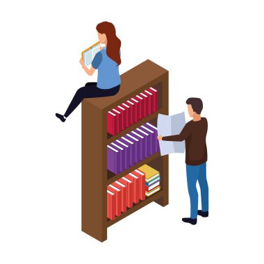 Kadın kitap rafında oturuyor ve erkek gazete okuyor.
