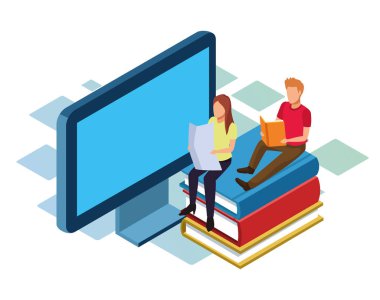 Bilgisayar ve kadın izometrik dizaynı kitap yığınının üzerinde oturuyor.