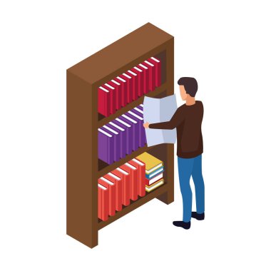 Adam gazete ve kitaplık okuyor.