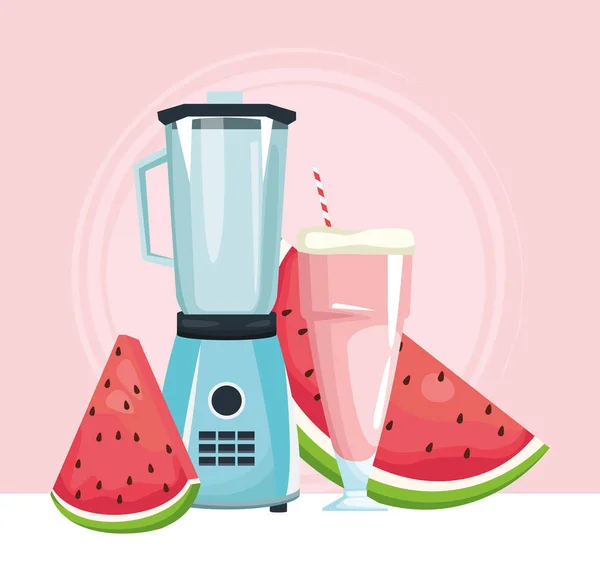 blender with watermelon juice and slices of the fruit