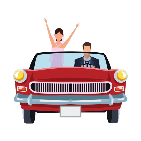 Pasangan menikah bahagia di mobil klasik - Stok Vektor