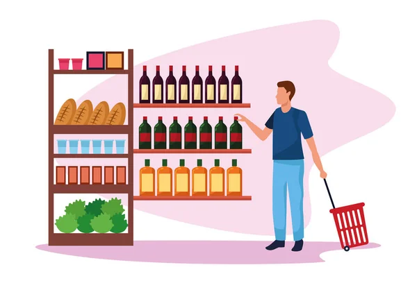 Muž na scenérii supermarketu stojí s potravinami — Stockový vektor