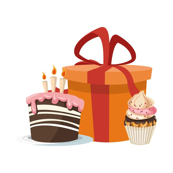Pastel de cumpleaños y cupcake con icono de caja de regalo, diseño colorido — Vector de stock