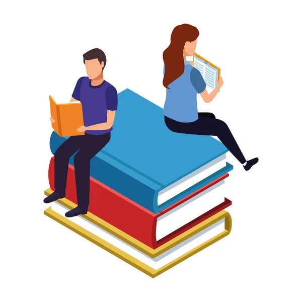 Frau und Mann lesen ein Buch sitzend auf großen Büchern, buntes Design — Stockvektor