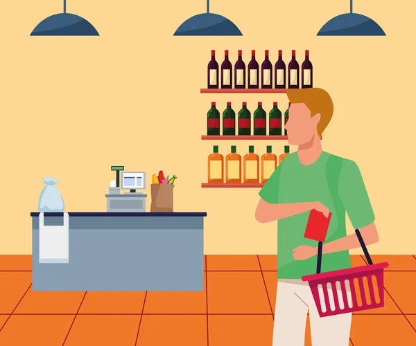Avatar man met supermarkt mand bij supermarkt gangpad, kleurrijk ontwerp — Stockvector
