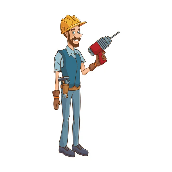 Obrero de la construcción sosteniendo un taladro, diseño colorido — Archivo Imágenes Vectoriales