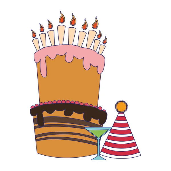 Grande bolo de aniversário com coquetel e chapéu de festa —  Vetores de Stock
