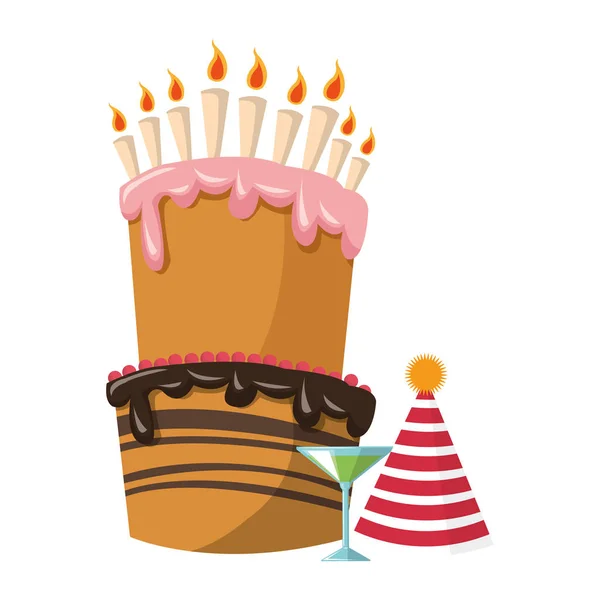 Grande bolo de aniversário com coquetel e chapéu de festa, design colorido — Vetor de Stock