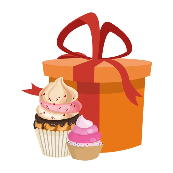 Κουτί δώρου με γλυκό εικονίδιο cupcakes, πολύχρωμο σχεδιασμό — Διανυσματικό Αρχείο