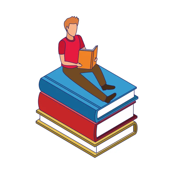 Man läser en bok sitter på böcker stack — Stock vektor