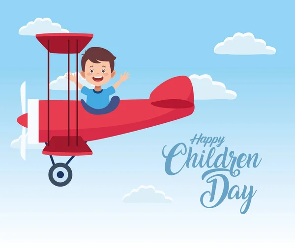 Fröhliche Kindertagsfeier mit Junge im Flugzeug — Stockvektor
